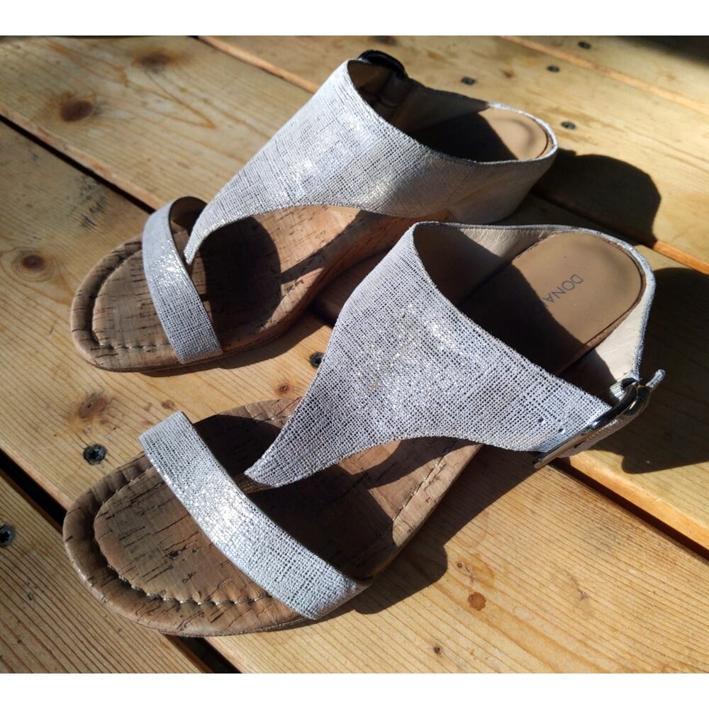 Donald J Pliner Silver Metallic Cork Wedge Sandal Crossover Strap 8M